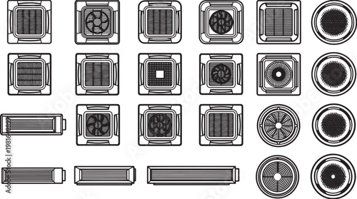 Detailed overhead view of various machine components, presented in a crisp, technical illustration. Focusing on their intricate designs.