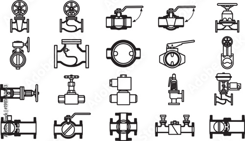 Variety of industrial valve designs and configurations meticulously displayed in a clean, graphic style. Ideal for illustrating engineering and industrial concepts.