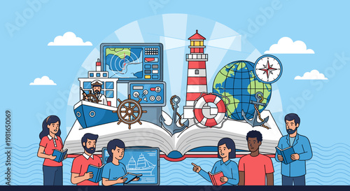 Diverse group of students learning about maritime navigation and exploration from a large open book with nautical symbols and modern technology.