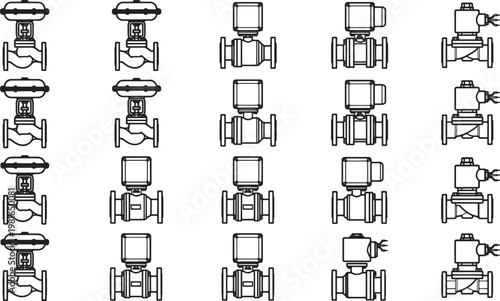 Engineering schematics of industrial valves, showcasing their intricate designs and mechanisms, meticulously rendered for technical and illustrative purposes.