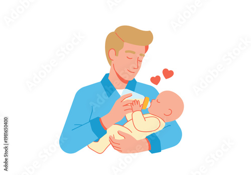 Caring Father Bottle Feeding Newborn Baby Illustration - Paternity and Childcare Concept