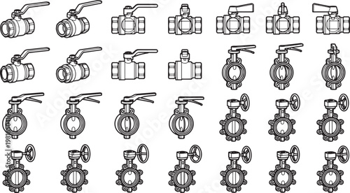 An array of detailed industrial valves showcase precision engineering. A clear, artistic illustration of various valve types with meticulous design, emphasizing functionality and mechanics.