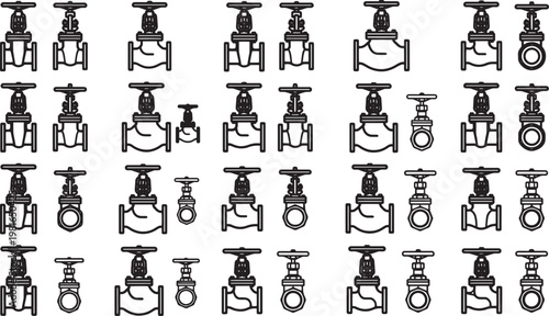 A comprehensive top-down schematic illustration showcasing a multitude of industrial valve types, perfect for engineering and technical applications. 