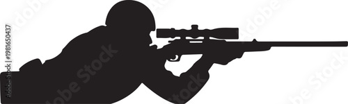 Black and white vector silhouette graphic of a military sniper soldier in a prone position aiming a rifle with a scope, perfect for army.Military Marksman with Rifle