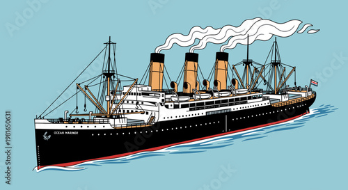 An illustration of a large, four-funneled ocean liner steaming through blue water with smoke billowing from its funnels.