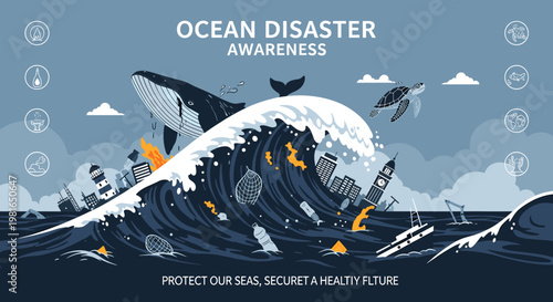 Ocean Disaster Awareness: A powerful wave crashes over city skylines, carrying debris and threatening marine life, highlighting the urgent need for environmental protection.