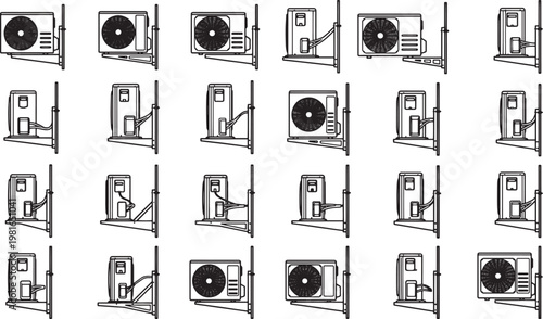Various illustrations of air conditioning units mounted on a wall. Showing a series of air conditioner placement options and configurations.