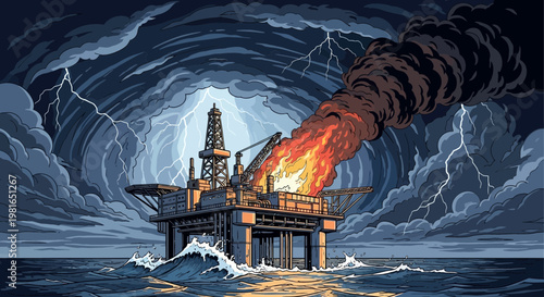 Oil Rig Catastrophe: Platform on Fire During Violent Storm with Lightning Strikes
