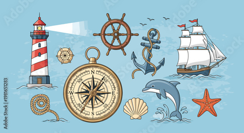 A vibrant collection of nautical and marine-themed illustrations, featuring a lighthouse, compass, ship, anchor, dolphin, and other seafaring symbols on a blue background.