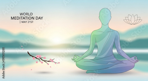 Serene person meditates cross legged on serene lake shore at sunset world meditation day may 31st