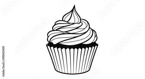 Cupcake illustration featuring swirling frosting and a fluted paper liner represents a classic sweet dessert treat perfect for bakery branding or culinary menu design visual concepts.