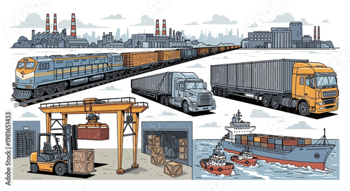 Industrial logistics montage: train, trucks, cargo ship, factory, and port equipment