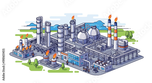 Industrial Factory Complex with Smokestacks and Flames, Modern Plant Illustration