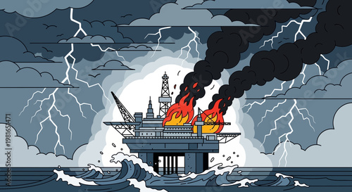 Oil rig on fire during stormy weather with lightning strikes and dark clouds
