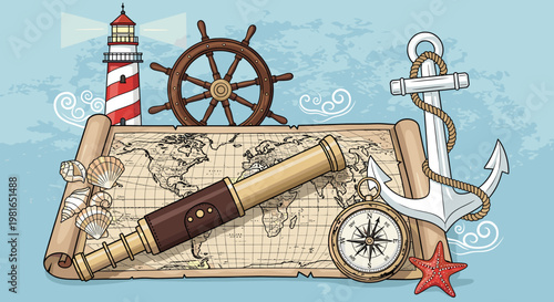 Nautical adventure theme with a spyglass, compass, anchor, lighthouse, ship's wheel, and a world map, evoking exploration and maritime journeys.