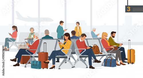 Diverse people waiting at airport gate, using phones, with luggage, airplane visible