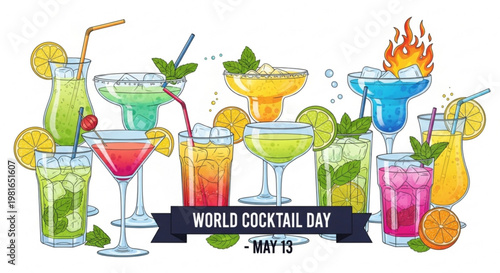 Colorful cocktails with fruits and mint for world cocktail day on may 13 assorted drinks in glasses
