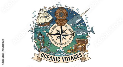 An intricate illustration depicting an oceanic voyage theme with a compass, sailing ship, diving helmet, narwhal, shark, anchor, and treasure chest, all surrounded by waves and bubbles.