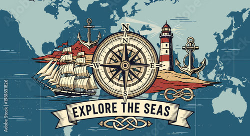A vintage-style illustration featuring a compass rose, sailing ship, lighthouse, and anchors on a world map background with "EXPLORE THE SEAS" banner.