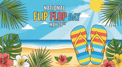 Vibrant beach scene with flip flops and tropical flowers on sandy shore for national flip flop day celebration