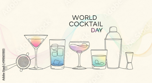 Colorful cocktail glasses and bar tools on world cocktail day celebration background