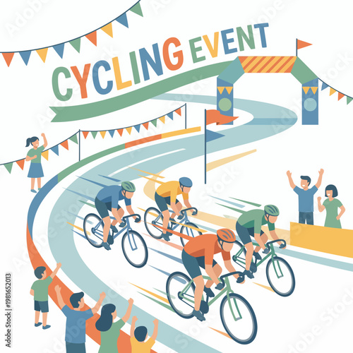 Illustration of cyclists racing on a winding track at the Klaten International Cycling Festival with spectators cheering, a banner reading 'Cycling Event' above.