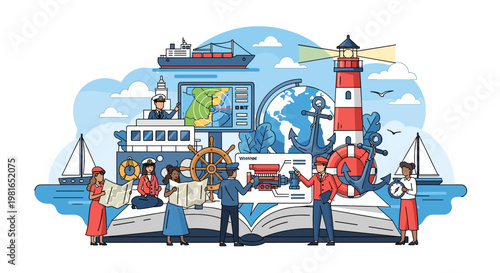 Nautical adventure and maritime exploration depicted with a lighthouse, ship, anchor, and people studying maps on an open book.