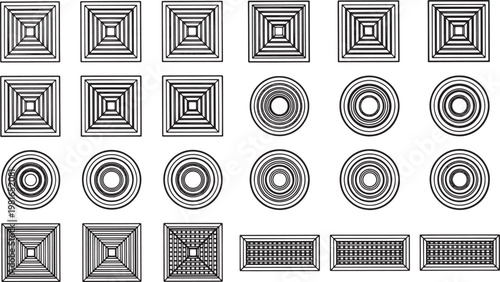 Geometric patterns in various shapes and sizes. An intriguing array of concentric shapes and square designs. 