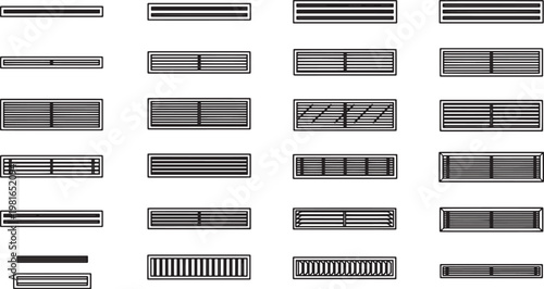 A diverse collection of ventilation grills, showcasing various designs and styles. A range of geometric patterns and construction details.