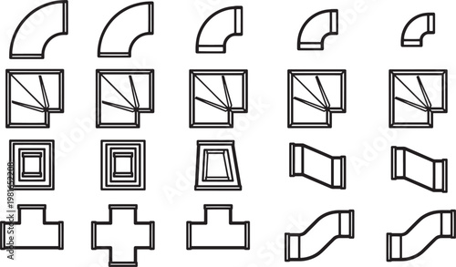 Geometric illustrations showcase an array of air duct fittings, designed for ventilation and HVAC systems, highlighting essential components used in building construction and infrastructure.