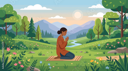 A woman participates in the National Day of Prayer outdoors in a serene natural landscape.