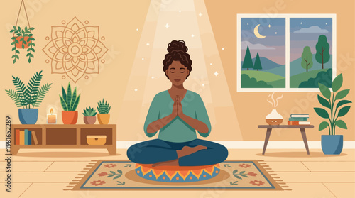 Woman meditates on National Day of Prayer in serene room with plants