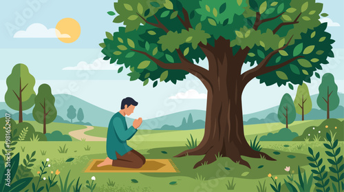 Man prays under a tree on National Day of Prayer in serene landscape