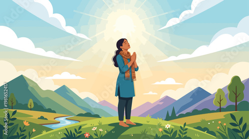 Woman observes National Day of Prayer in serene mountain landscape