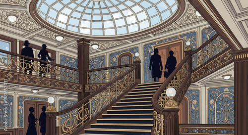 Ornate grand staircase with a domed skylight and silhouetted figures in a luxurious, historical setting.
