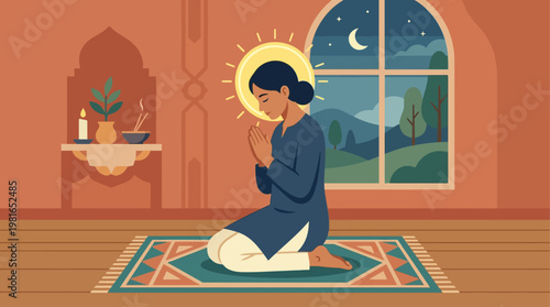 Man praying on rug during National Day of Prayer at sunset