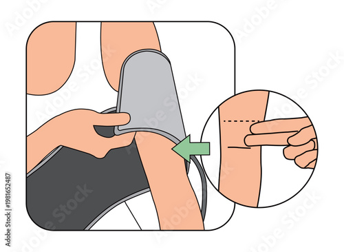 Correct position of blood pressure cuff measuring two fingers above elbow crease