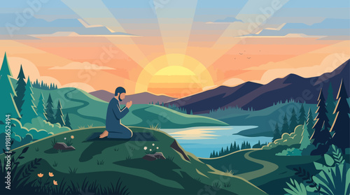 A person kneels in prayer on a serene hilltop during the National Day of Prayer at sunrise