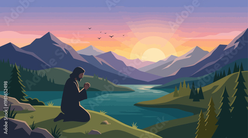Person kneels in prayer on National Day of Prayer overlooking serene mountain lake at sunrise.