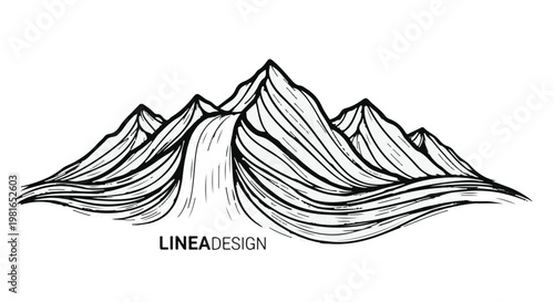 Mountains with a cascading waterfall represent the raw power of nature in this minimalist black and white line art illustration that provides ample room for creative design and copy space.