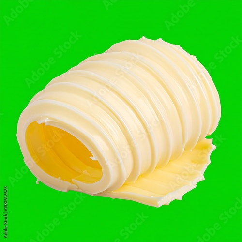A rolled-up stack of sliced butter on a green background