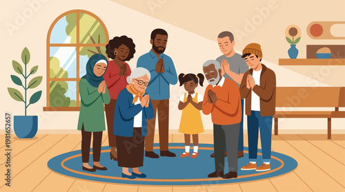 People gather on National Day of Prayer in a serene room with diverse group.