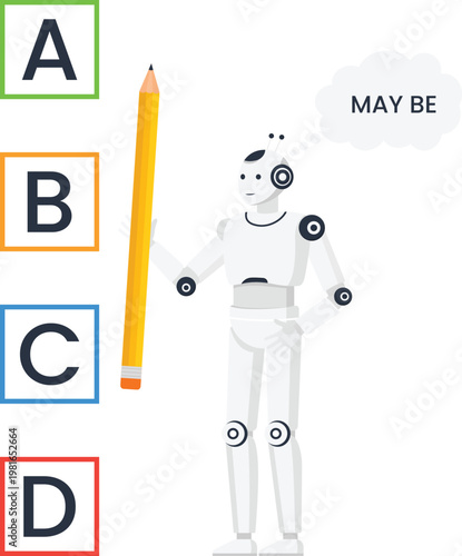 Robot decision making artificial intelligence machine learning multiple choice test question holding pencil future technology uncertainty concept digital evaluation modern automation