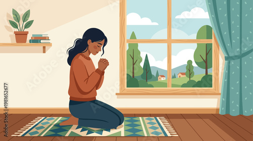 Woman observes National Day of Prayer in serene room with garden view