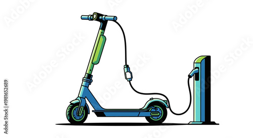 Electric scooter charging at station.