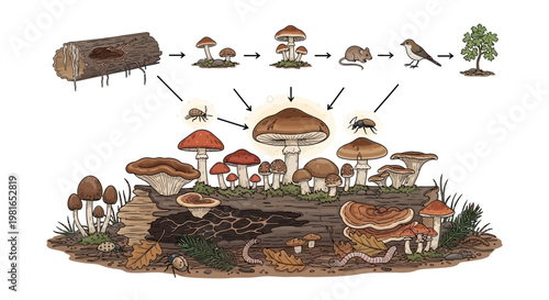 Mushrooms growing on a log decomposition.