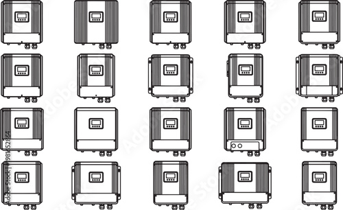 An array of solar inverters, crucial components for converting sunlight into usable energy, are neatly displayed, providing an overview of design and technology for green energy.