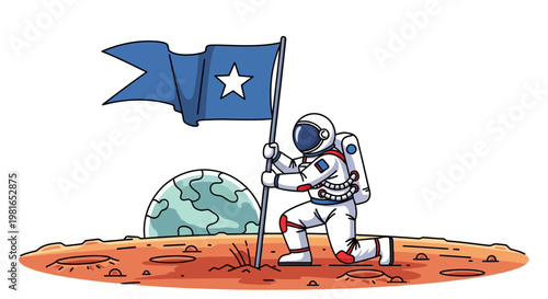 Astronaut in Space Suit Holding Flag.