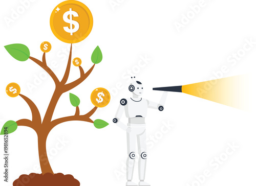 artificial intelligence, financial growth, investment strategy, future technology, business planning, money tree, white robot
