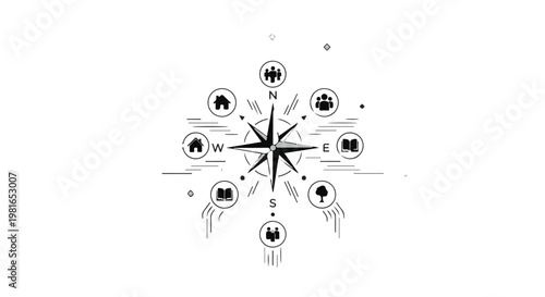 Compass rose displays a variety of travel and lifestyle icons arranged around a central directional needle to symbolize navigation, global exploration, and the search for new opportunities.